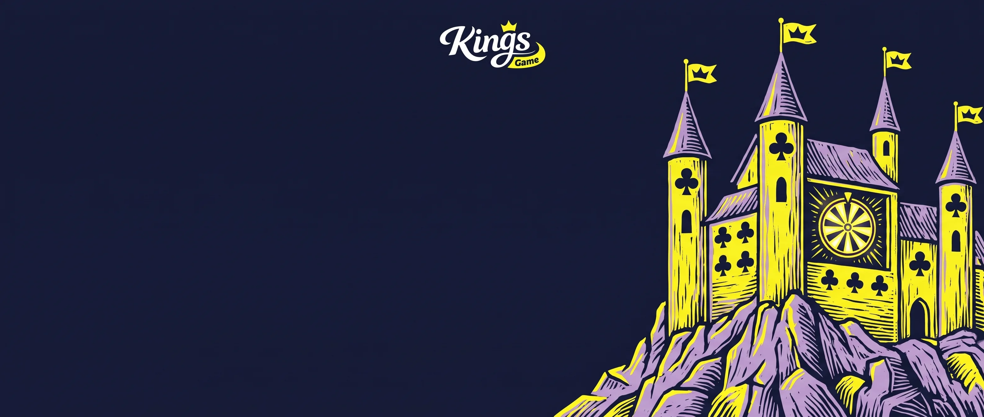 Gelbes Kings-Game-Schloss mit violetten Dächern vor dunkelblauem Hintergrund